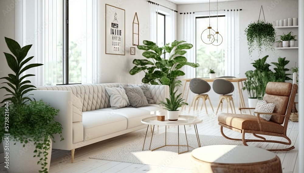  a living room filled with furniture and a potted plant in the corner of the room on the far side of