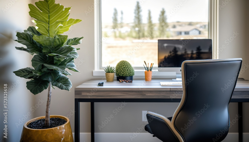  a desk with a computer and a potted plant in front of a window with a view of a field outside of th