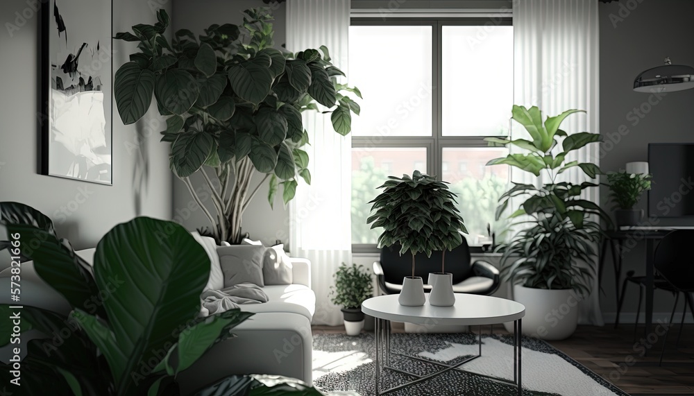  a living room filled with lots of plants and a white couch next to a table with a coffee table on t