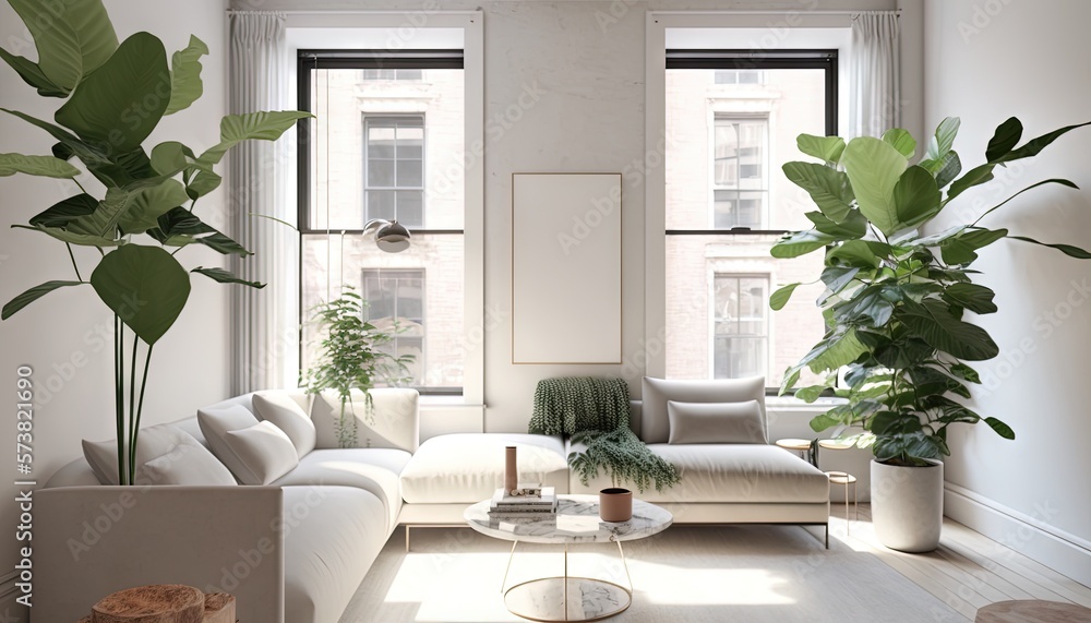  a living room filled with furniture and lots of plants on the windows sill of a window sill and a w