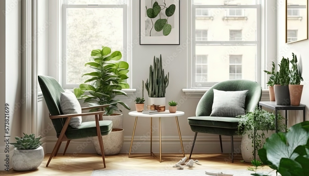  a living room filled with lots of plants and a white table topped with a white vase filled with pla