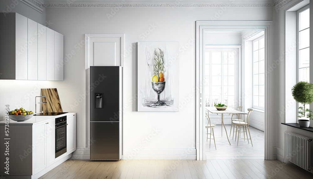  a kitchen with a refrigerator and a table with a vase of flowers on it and a painting of a vase wit