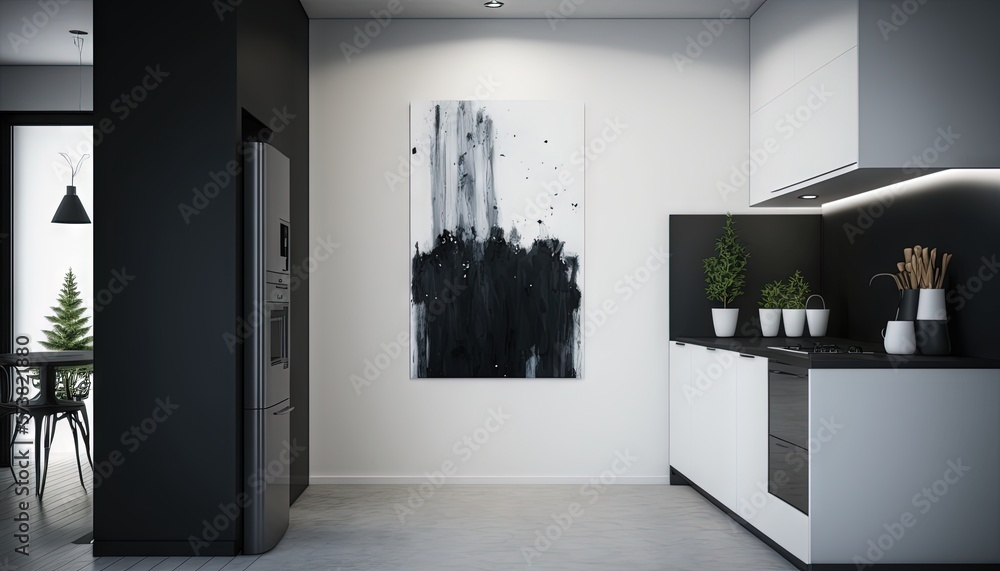  a kitchen with a painting on the wall and a table and chairs in the room next to the kitchen counte