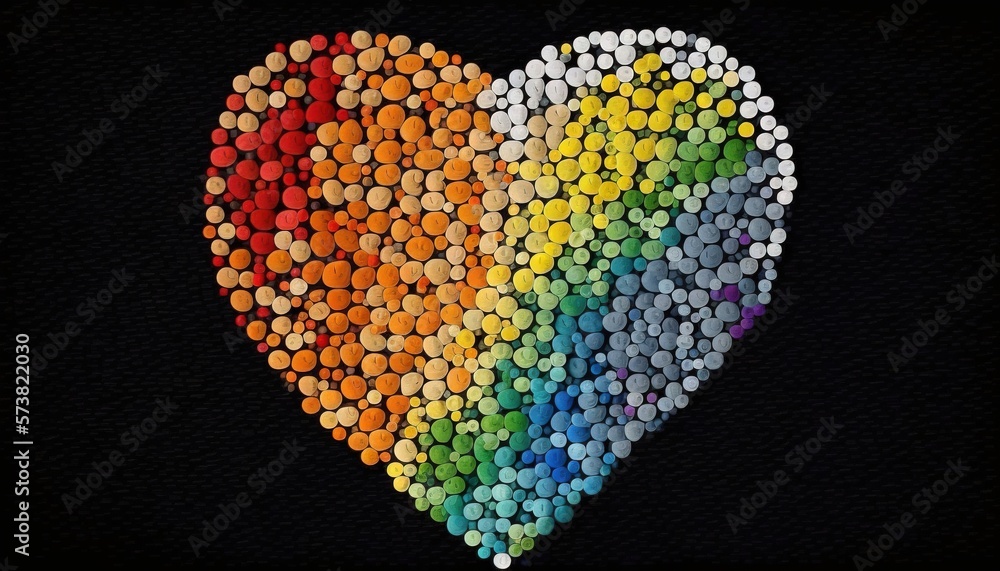  a heart made out of many different colored pills on a black background with the colors of the rainb