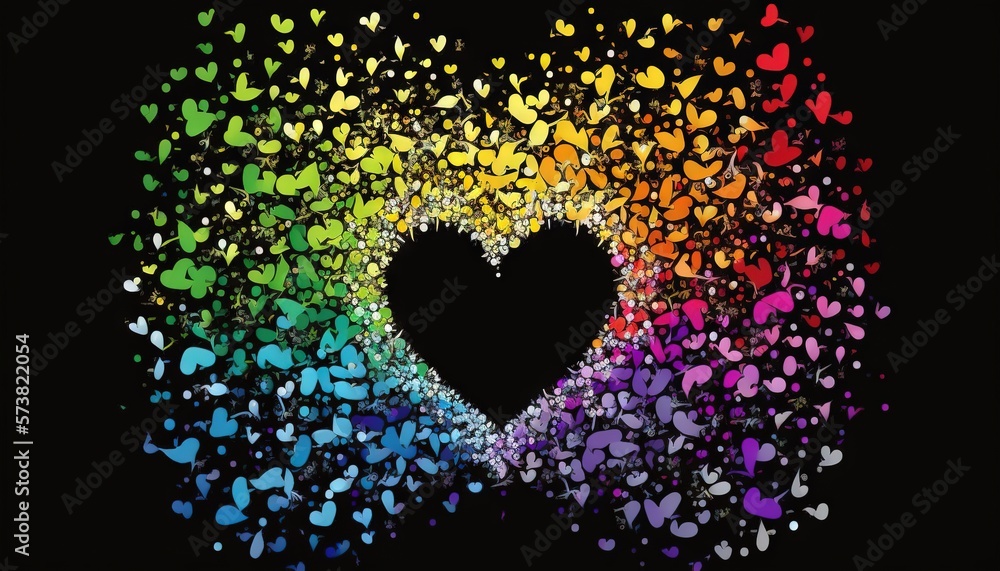  a rainbow heart surrounded by many small hearts in the shape of a rainbow on a black background wit