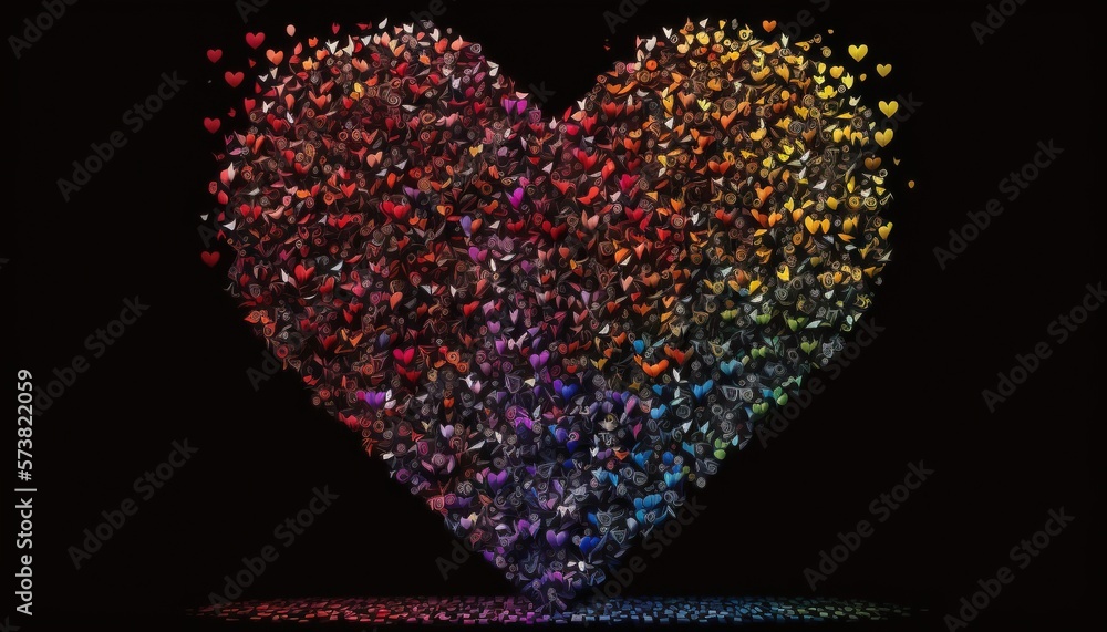  a heart made up of small hearts on a black background with a reflection of the heart in the middle 