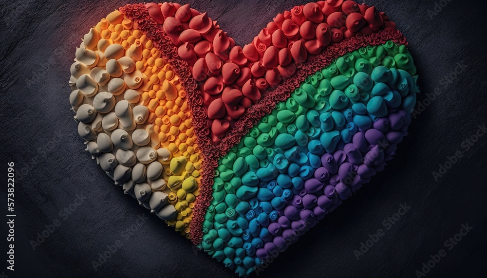  a heart shaped cake with a rainbow colored frosting on its side and a few white chocolates in the 