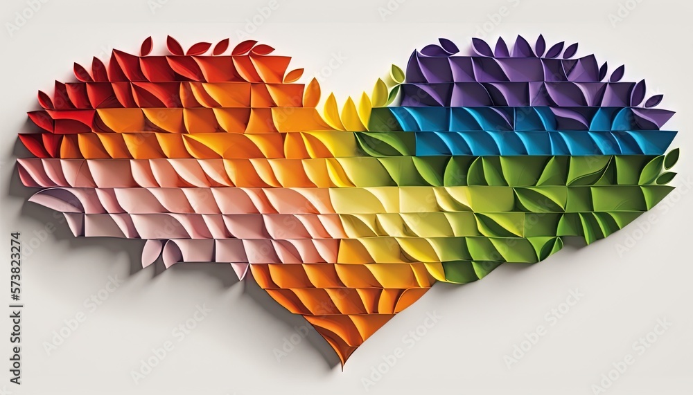  a colorful heart made out of folded paper on a white background with a shadow of the heart in the c