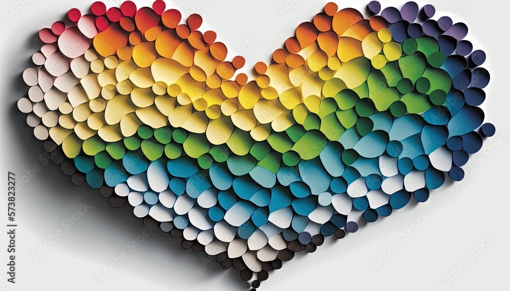  a heart made out of many different colored circles on a white background with a shadow of the heart