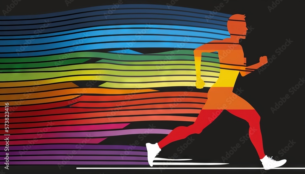  a person running in a marathon with a rainbow background and a black background with a white outlin