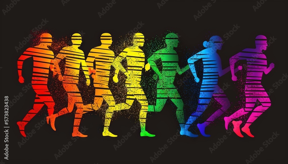  a group of people that are running in a line with a black background and a rainbow of colors in the