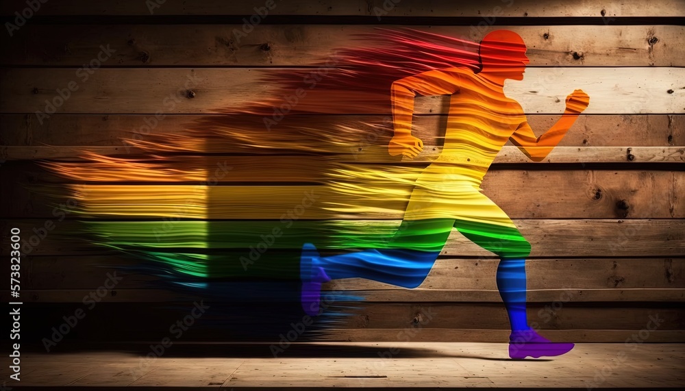  a person running with a rainbow colored background and a wooden wall behind them with a shadow of a