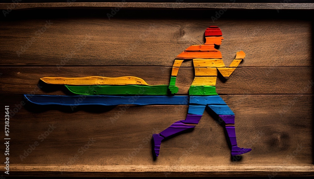  a picture of a man running with a rainbow painted on the side of him and a rainbow painted on the s