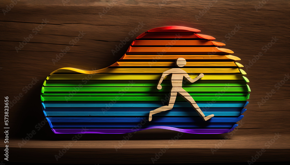  a paper cut out of a man running in front of a rainbow colored mountain with a shadow of a man runn