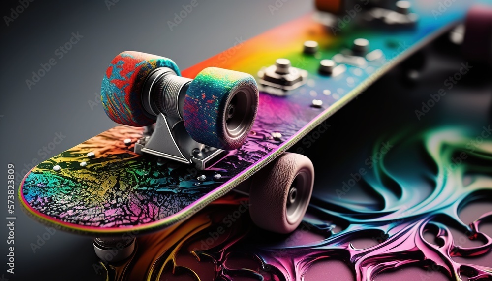  a skateboard with a colorful design on the bottom of its board and wheels on the bottom of the boa