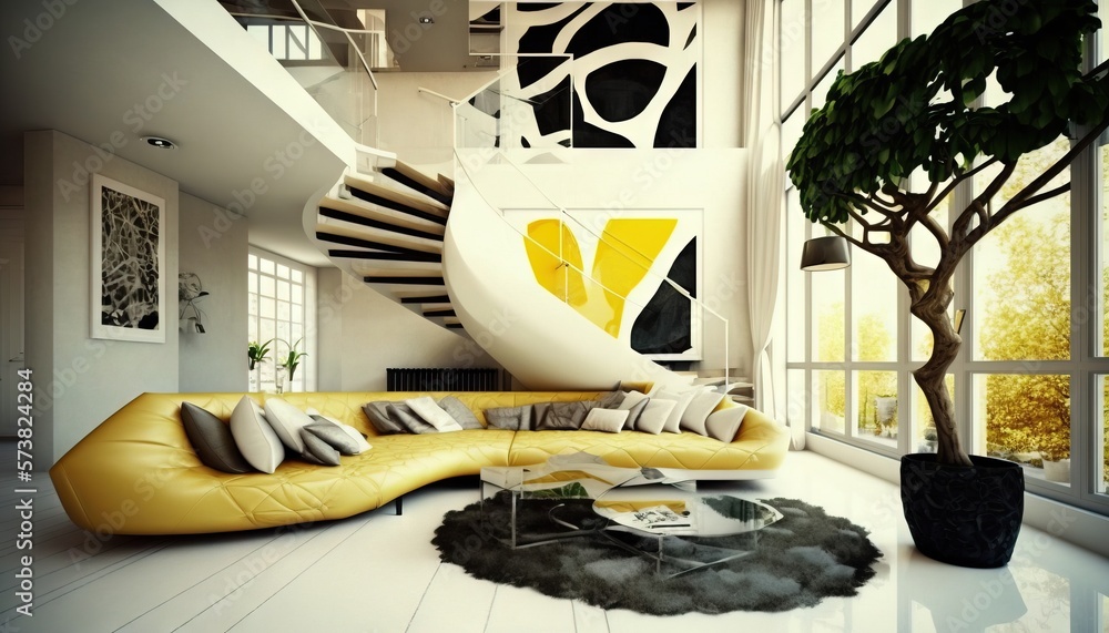  a modern living room with a spiral staircase and a yellow couch in the center of the room with a bl