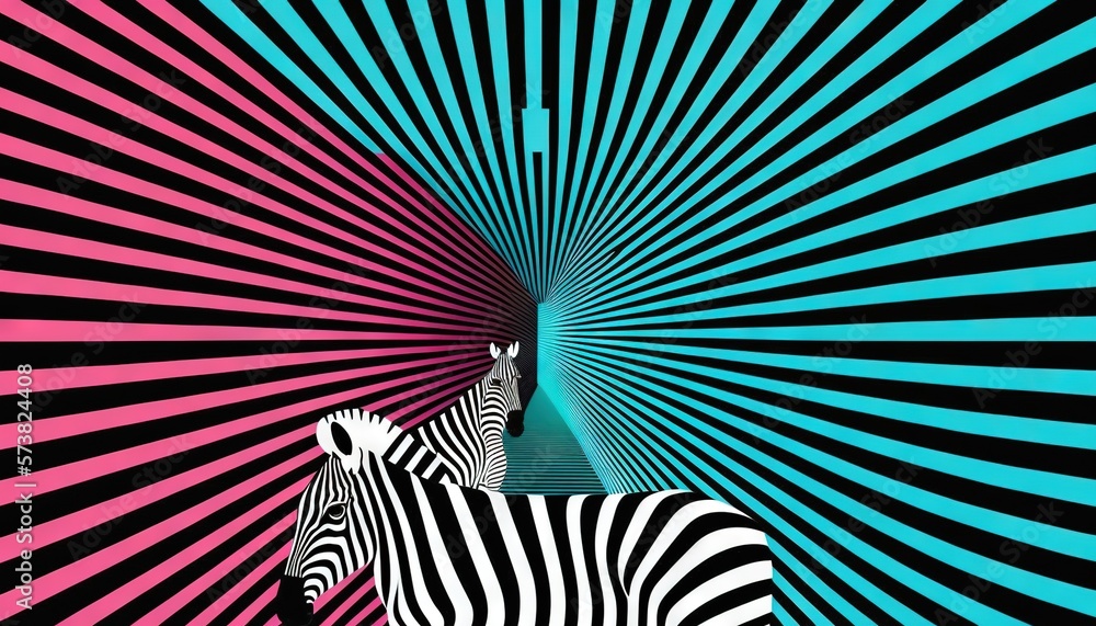  a zebra standing in front of a colorful background with a person in the distance in the center of t