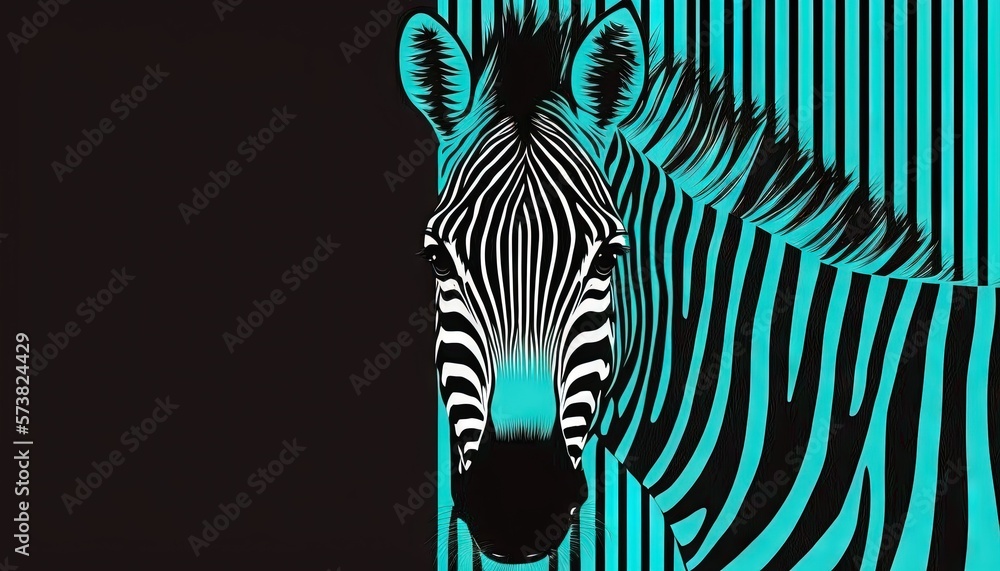  a zebra standing in front of a blue and black wall with vertical stripes on its face and neck, in 