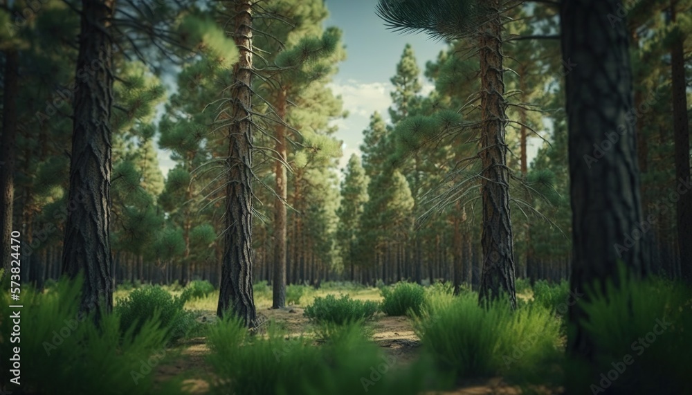  a forest filled with lots of tall trees and green grass on the side of the forest floor, with tall 