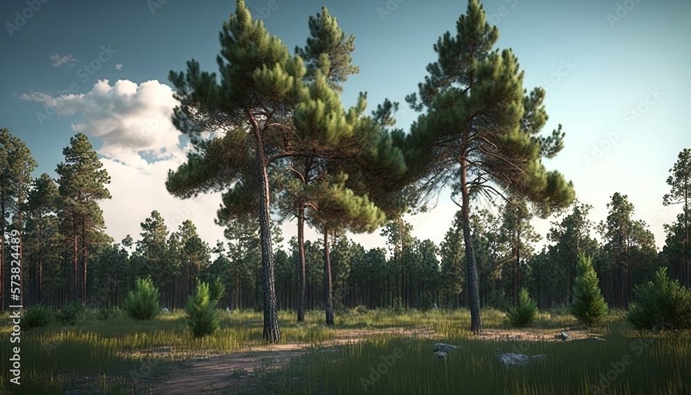  a group of trees in a grassy area with a dirt path in the middle of the picture and a few rocks in 