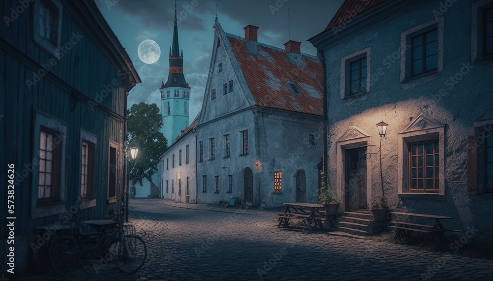  a street with a clock tower in the background and a bench on the side of the street in front of it 