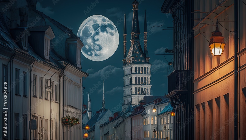  a full moon rises over a city street with buildings and a clock tower in the distance with a full m