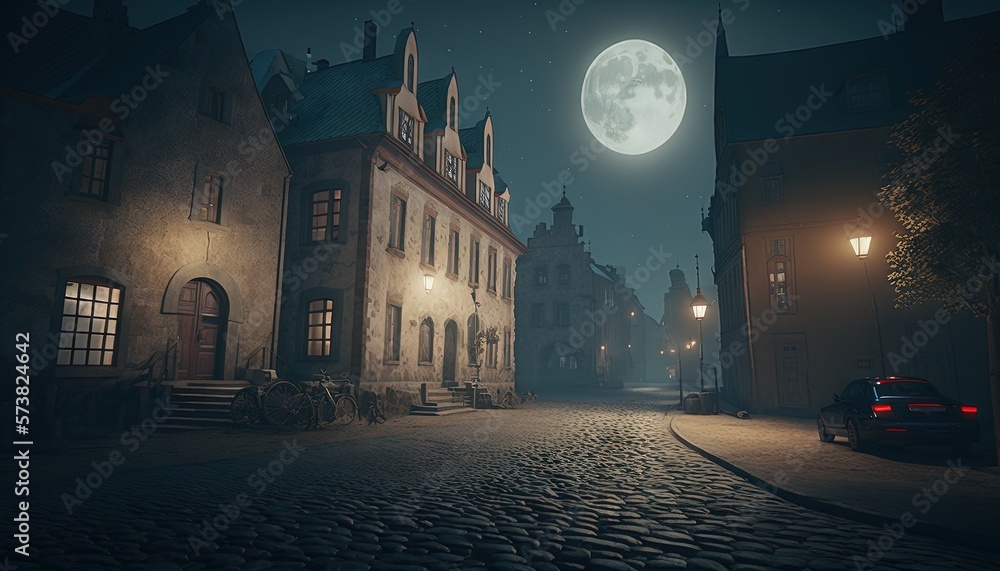  a car parked on a cobblestone street at night with a full moon in the sky above it and a cobbleston