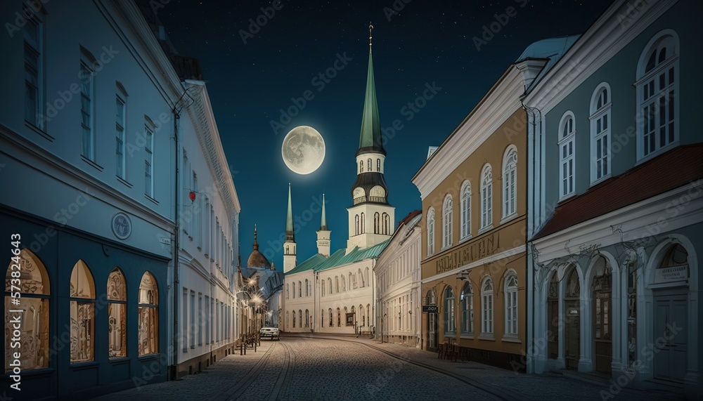  a night scene of a city street with a full moon in the sky and a church steeple in the distance wit