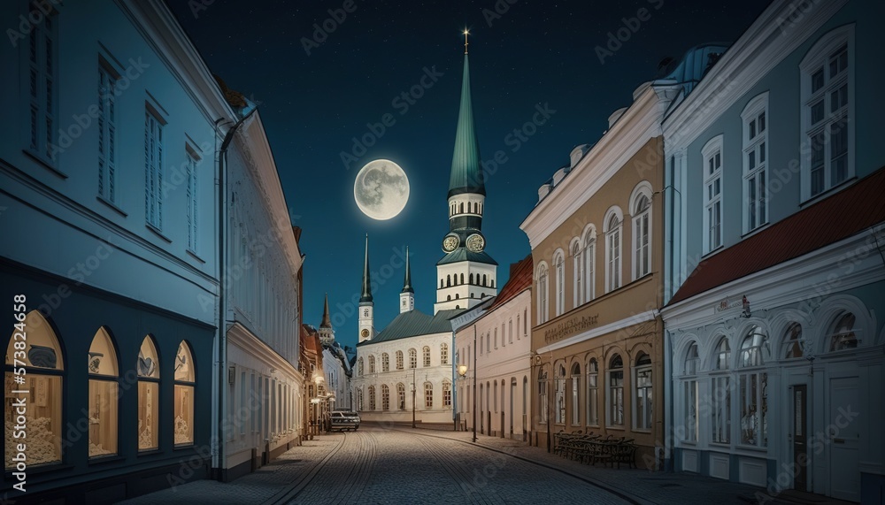  a full moon rises over a street in a european city at night time with a church steeple in the dista