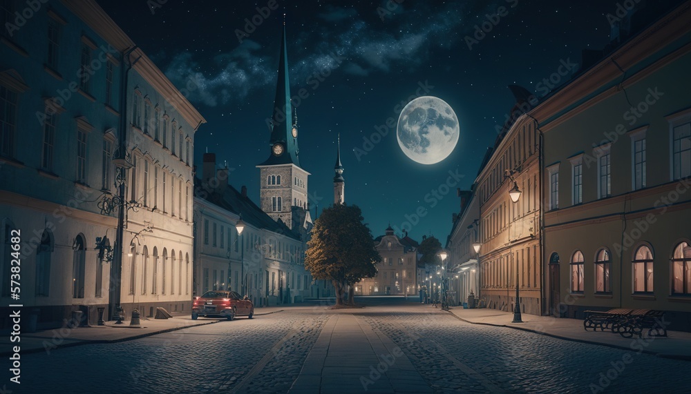  a full moon rises over a city street with a church steeple in the distance and a car parked on the 