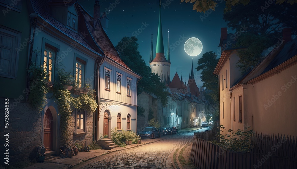  a night scene of a cobblestone street with a full moon in the sky and a church steeple in the dista