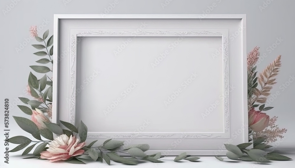  a white frame with flowers and leaves on a white background with a place for a text or a picture or