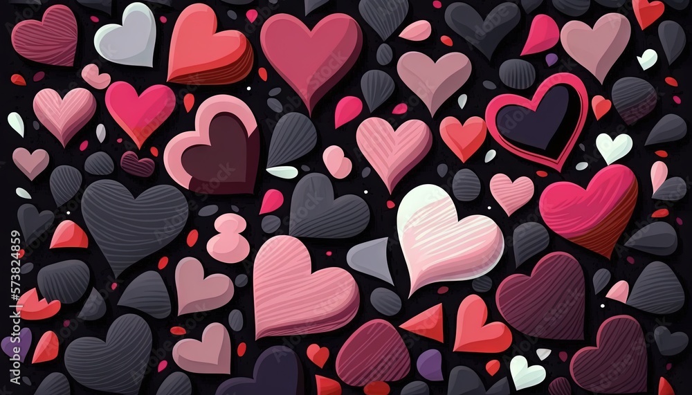  a lot of hearts that are on a black background with red, pink, and purple hearts in the middle of t