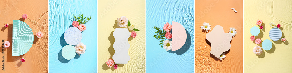 Collage of decorative podiums with fresh flowers on water against color background