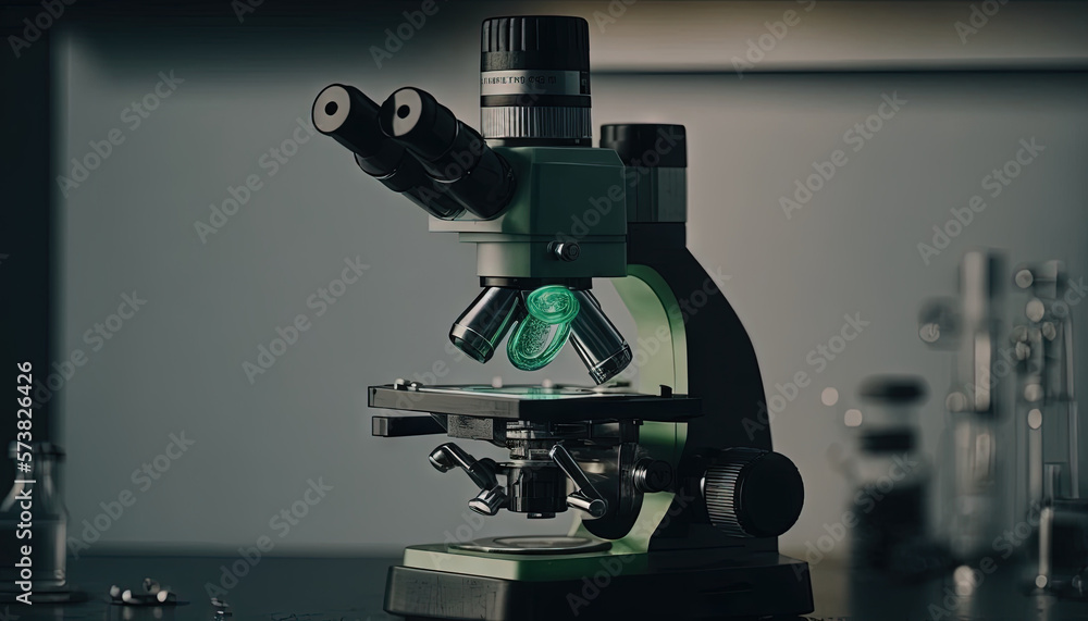  a microscope with a green light on top of it and a microscope in front of it with a green light on 