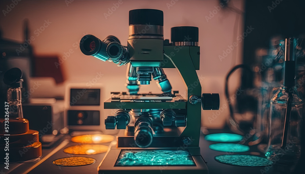  a microscope with a light shining on it in a room with other items on the table and a light shining