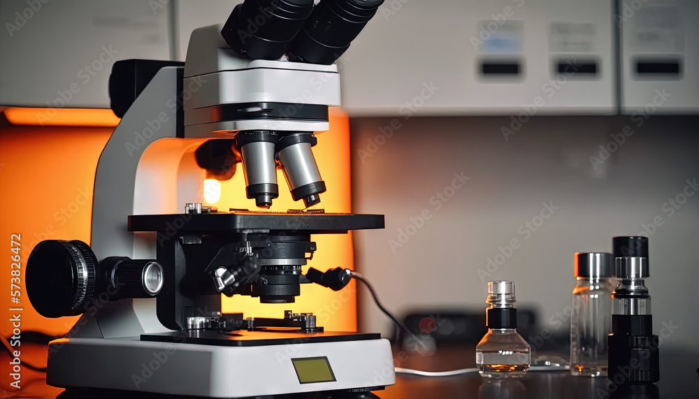  a microscope with a light shining on it and a bottle of liquid next to it on a table with a light i