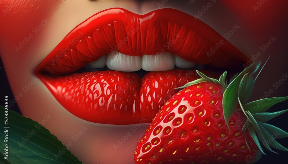  a close up of a womans lips with a strawberry on the lip and a strawberry on the lip with a green 