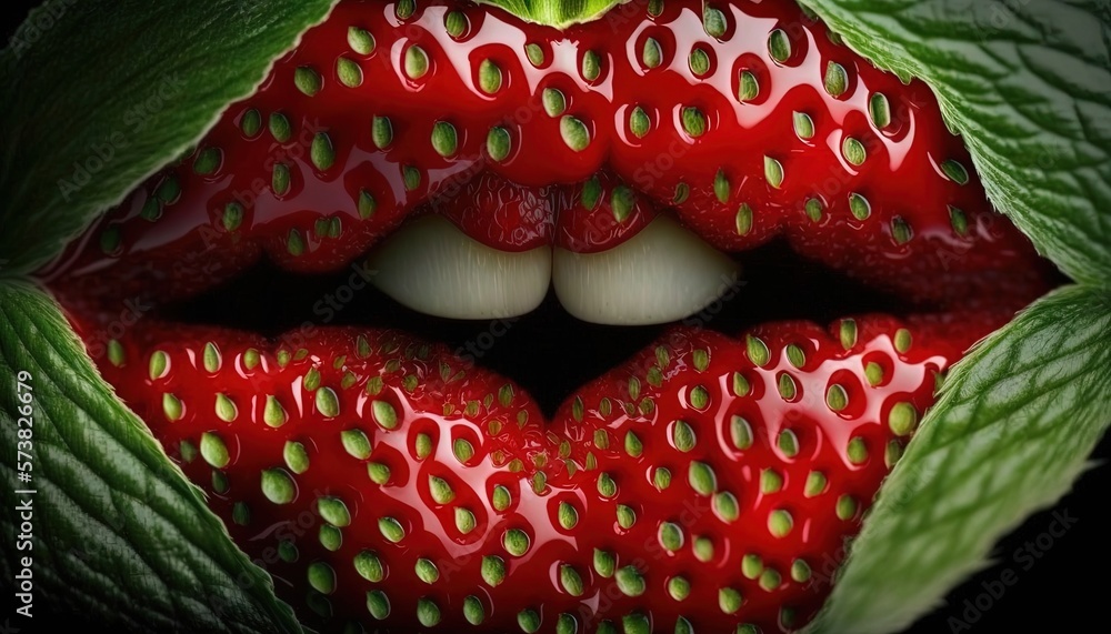  a close up of a strawberry with a green leaf on its side and a heart shaped hole in the middle of 