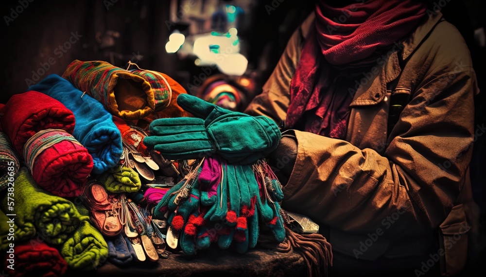  a person holding a bunch of gloves and a pair of gloves on top of a table with other items in front