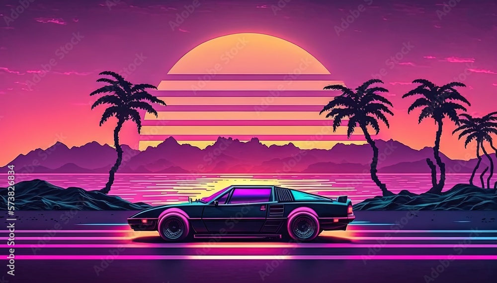  a car is parked in front of a sunset with palm trees and mountains in the background and the sun ri