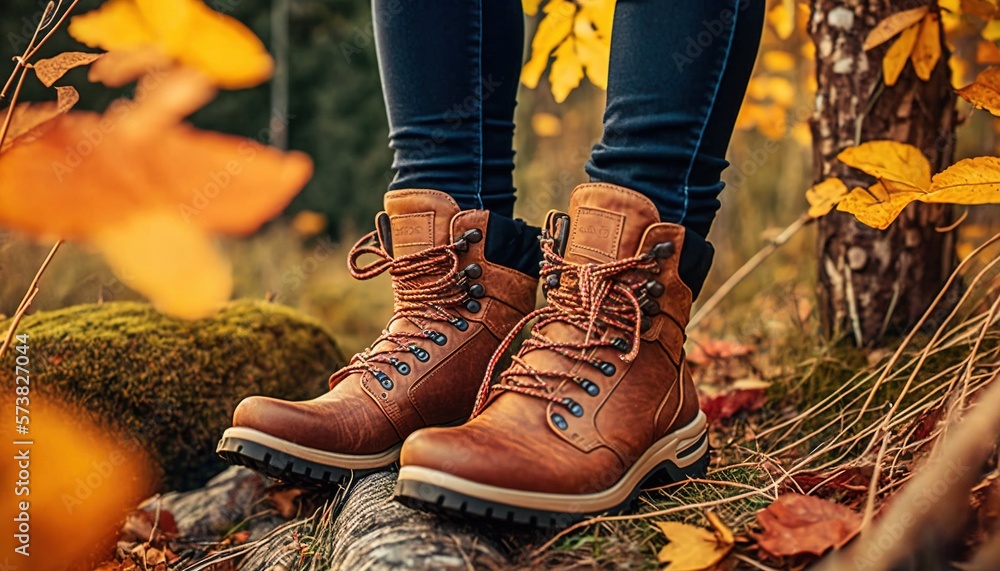  a person standing on top of a log in a forest wearing brown boots and blue jeans and a blue sweater