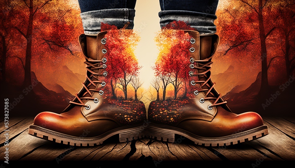  a pair of boots with trees in the background on a wooden floor with a painting of a pair of boots w