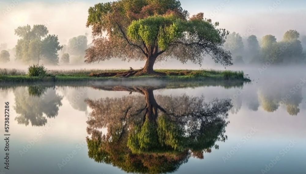  a large tree sitting on top of a lake next to a lush green forest filled with trees and foggy skies