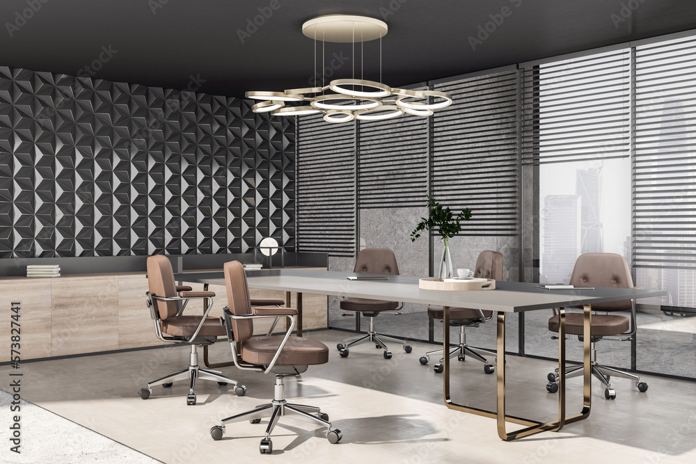 Perspective view on grey conference table and brown wheel chairs on sunlit concrete floor in spaciou