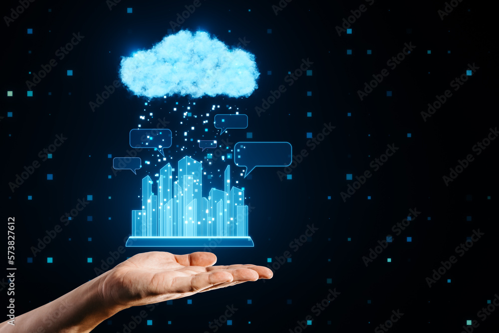 Close up of man hand holding glowing urban cloud and city communication hologram on blurry blue tech