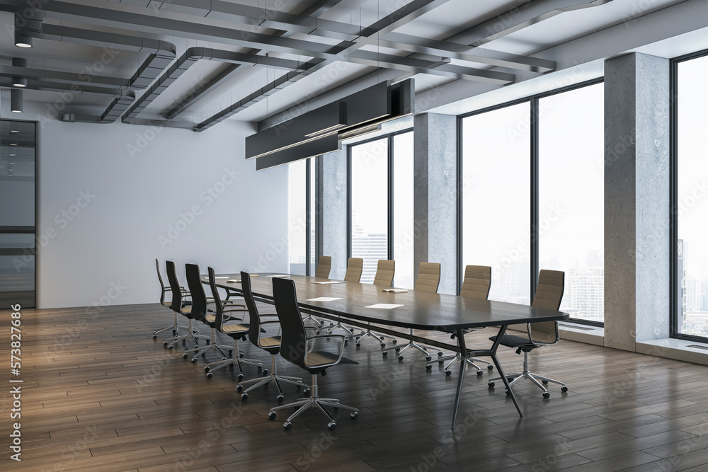 Perspective view on empty wooden conference table surrounded by stylish wheel chairs on dark parquet