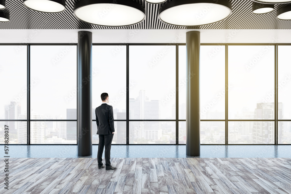 Success concept with businessman back view looking through panoramic window on city skyline with fog