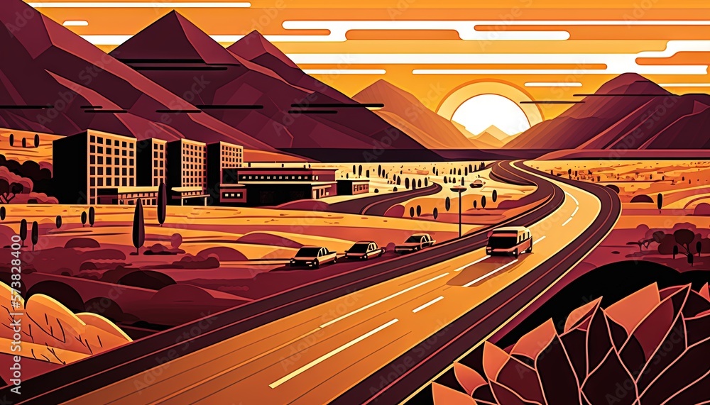  a painting of a highway with mountains in the background and a sunset in the sky over the road, wit