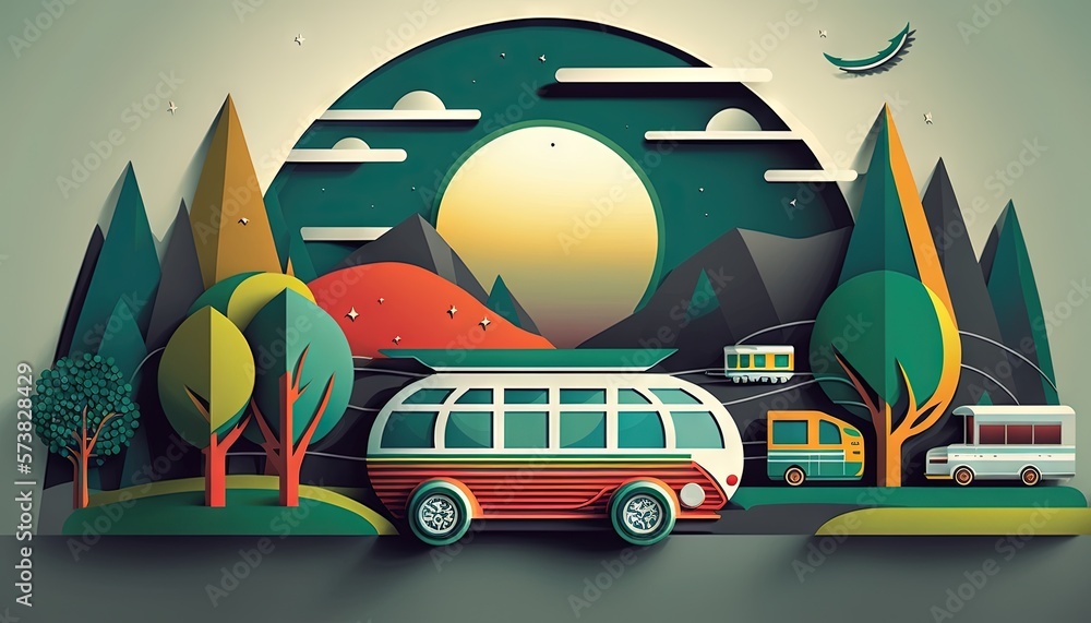  a bus and a van are parked in a forest with a full moon in the sky and trees on the other side of t